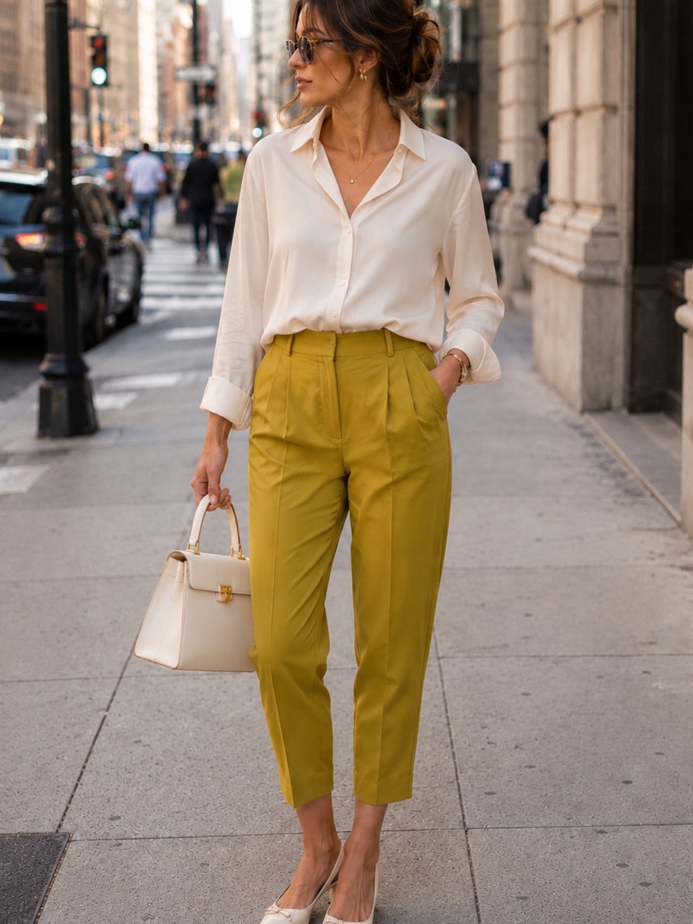 Massimo Dutti Mustard Cropped Pleat-Front Trousers